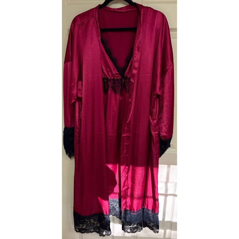 Nightgown And Robe Set Peignoir set 4X Red Satin Black Lace Adjustable Straps